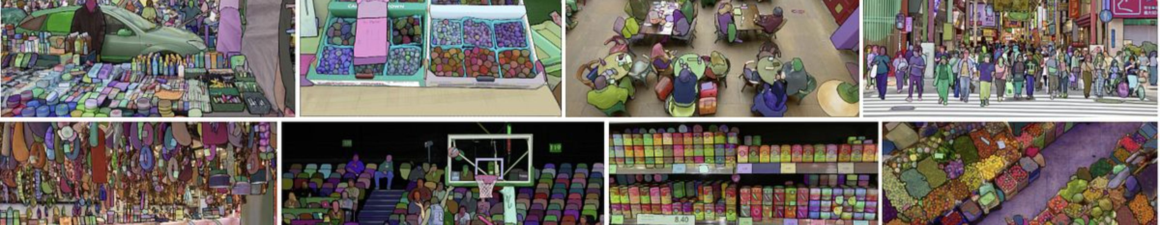 Colección de escenas con objetos segmentados mediante máscaras de colores.